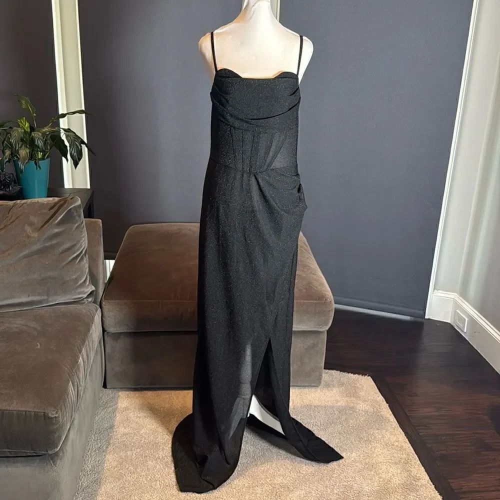 Women’s Black Full Length Party Dress Spaghetti Straps Long Leg Slit Size M NEW